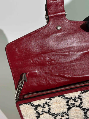 Gucci White Black Romantic Cherry Tweed GG Monogram Mini Dionysus Chain Wallet