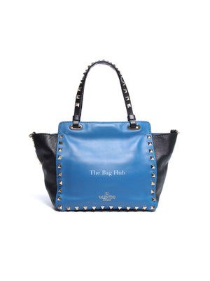 Valentino Black/Blue Vitello Leather Rockstud Mini Trapeze Tote Bag