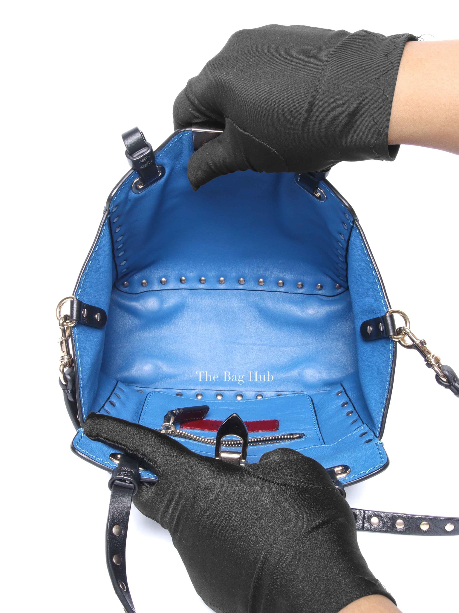 Valentino Black/Blue Vitello Leather Rockstud Mini Trapeze Tote Bag