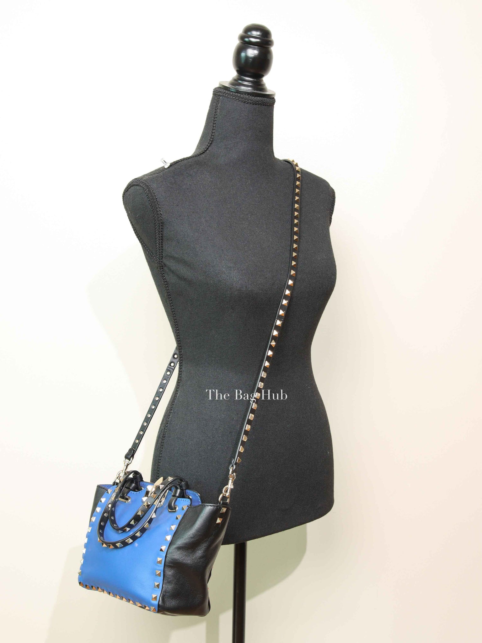 Valentino Black/Blue Vitello Leather Rockstud Mini Trapeze Tote Bag
