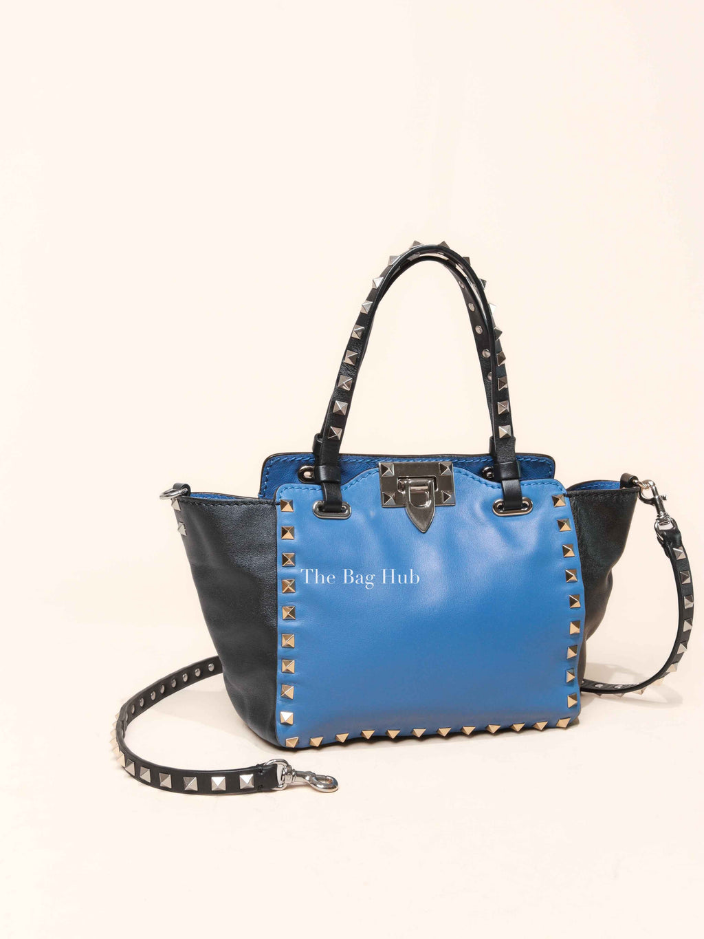Valentino Black/Blue Vitello Leather Rockstud Mini Trapeze Tote Bag