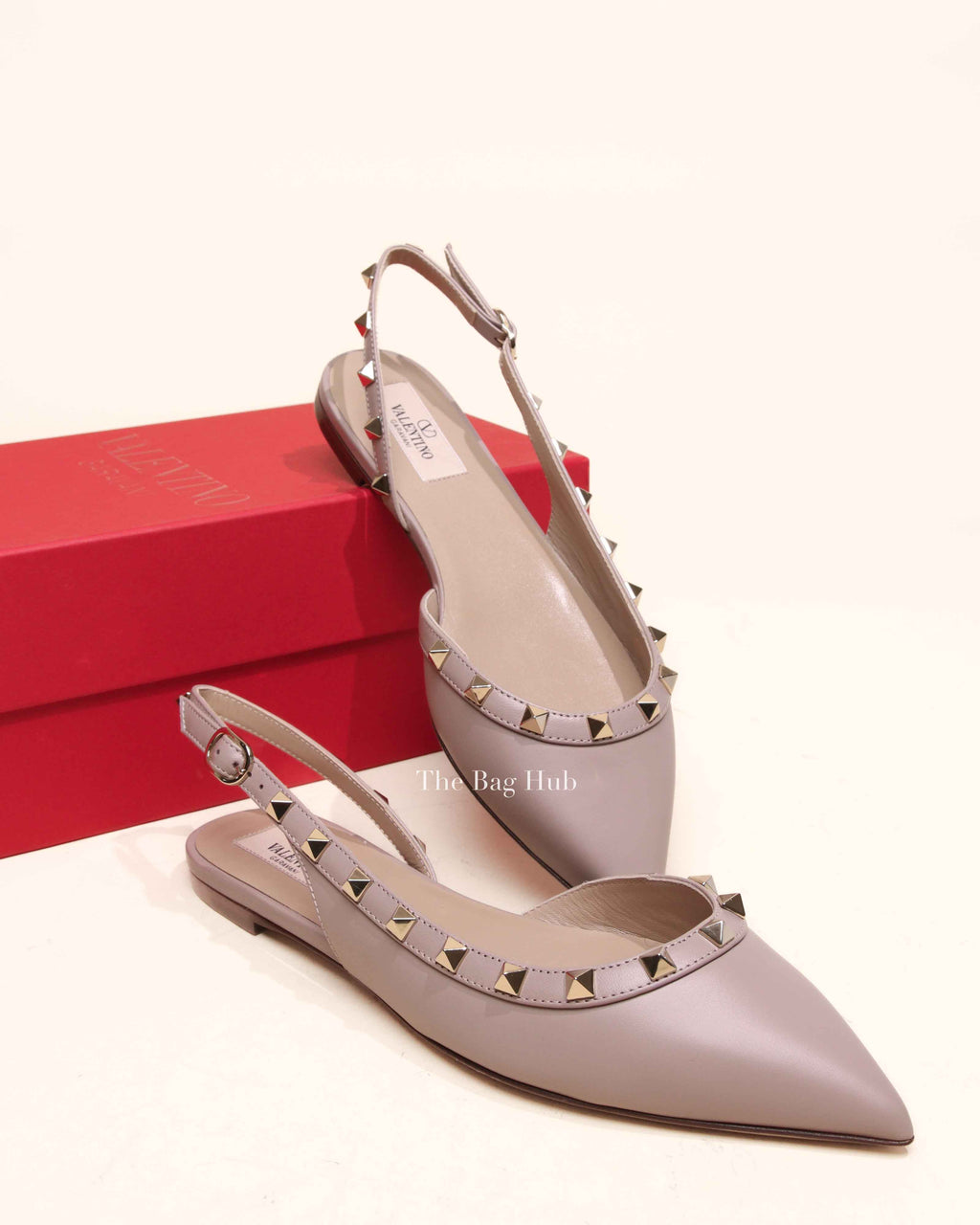 Valentino Garavani Beige Leather Rockstud Ballerina Slingback Flats Size 37.5