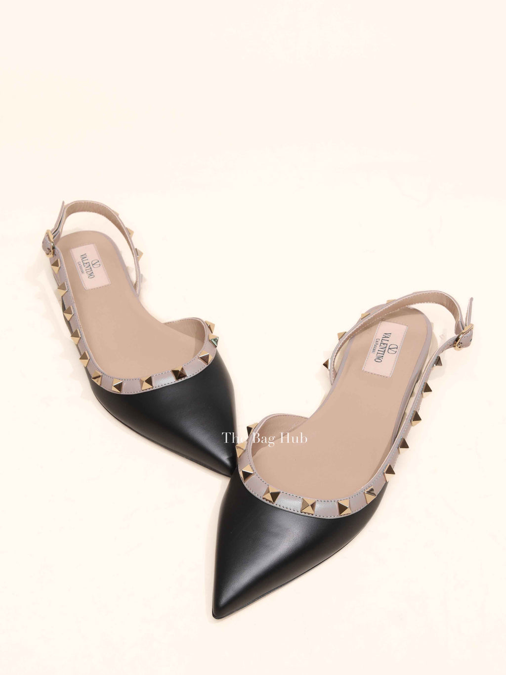 Valentino Garavani Black/Beige Leather Rockstud Ballerina Slingback Flats Size 37.5