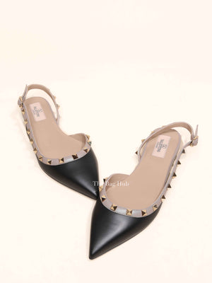 Valentino Garavani Black/Beige Leather Rockstud Ballerina Slingback Flats Size 37.5