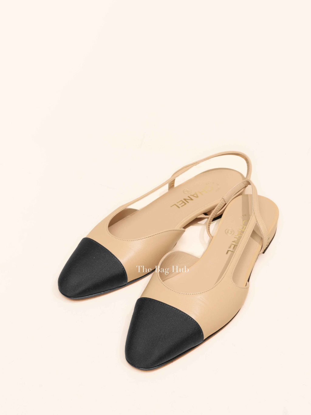 Chanel Black/Beige Leather Coco Slingback Flats Size 38C