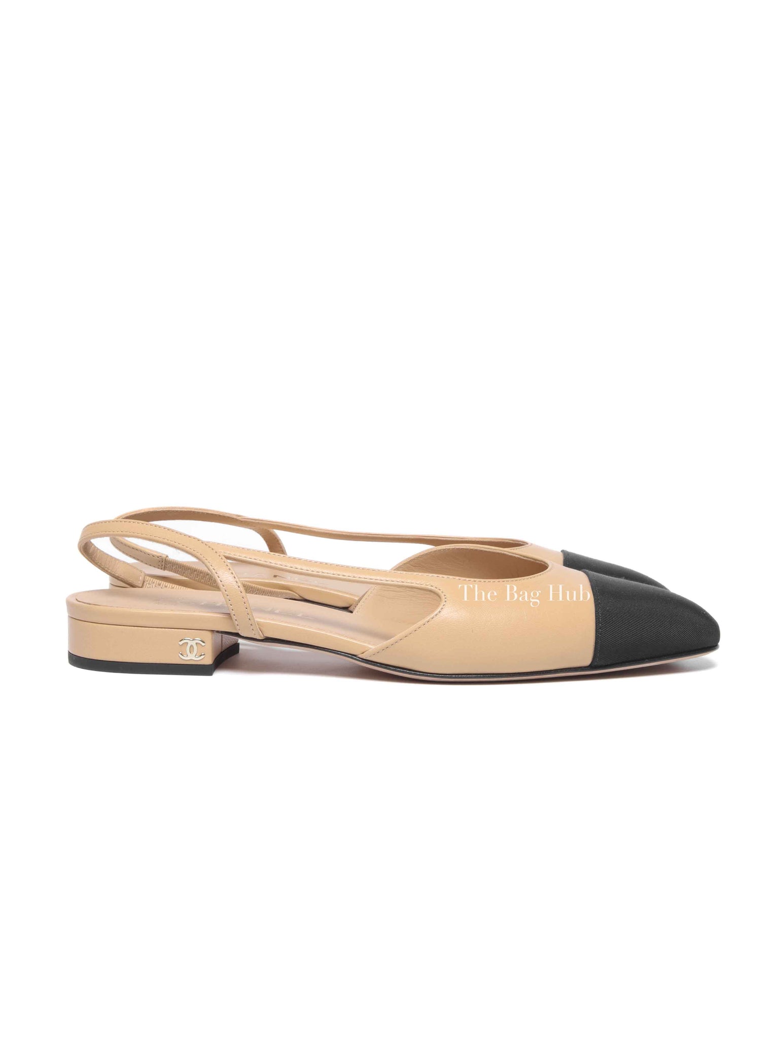 Chanel Black/Beige Leather Coco Slingback Flats Size 38C