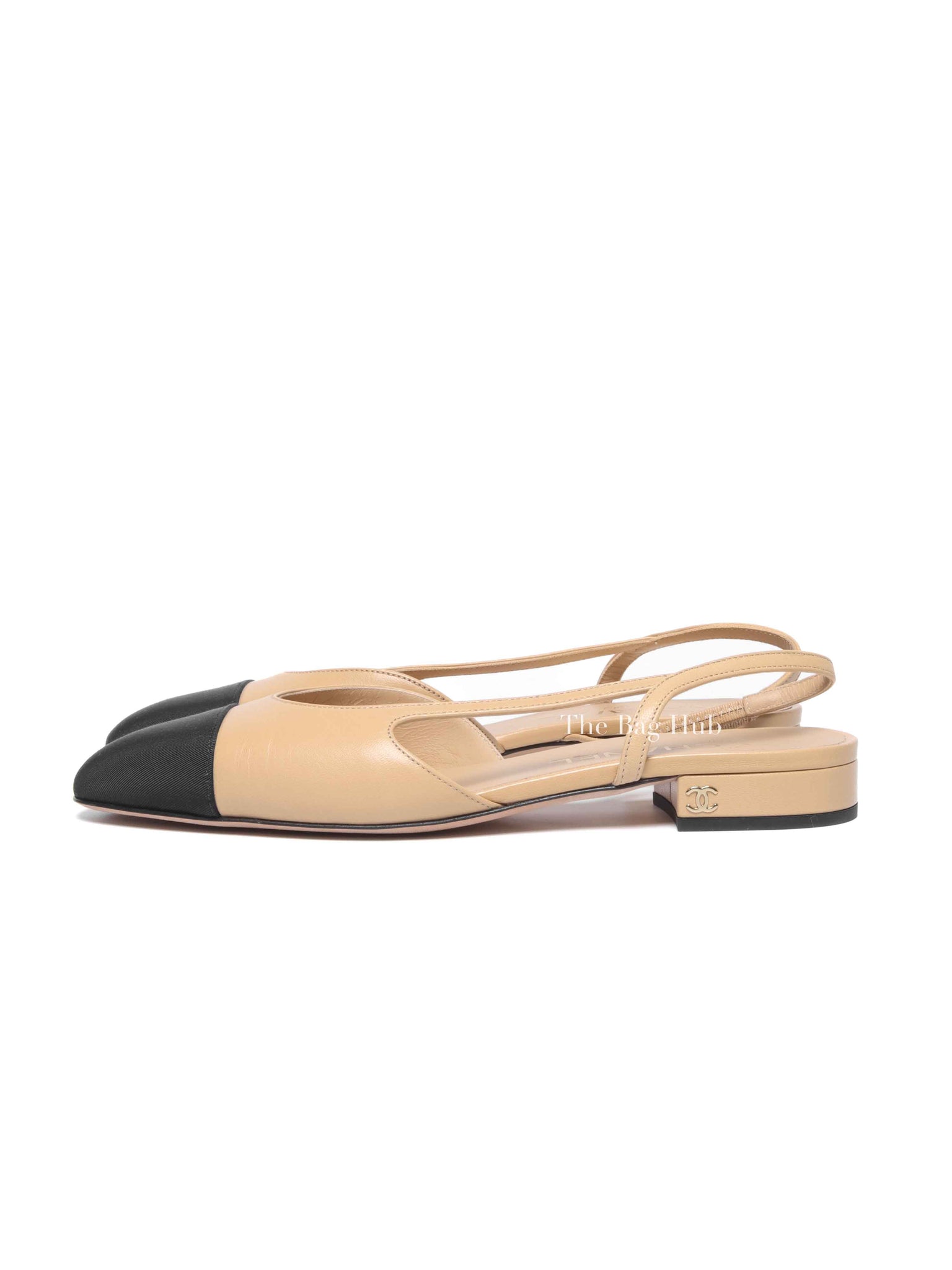Chanel Black/Beige Leather Coco Slingback Flats Size 38C