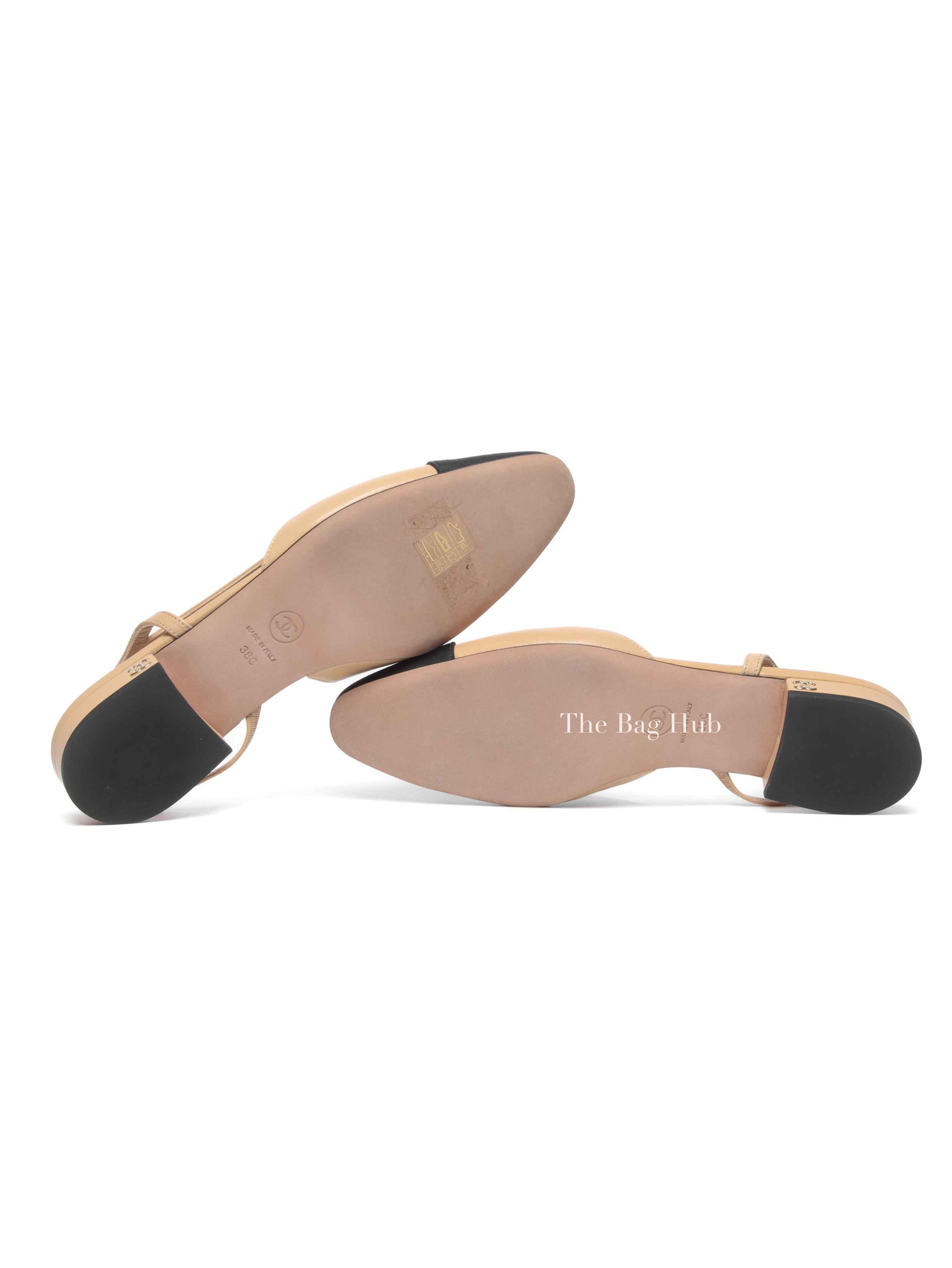 Chanel Black/Beige Leather Coco Slingback Flats Size 38C