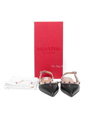 Valentino Garavani Black/Beige Leather Rockstud Ballerina Slingback Flats Size 37.5