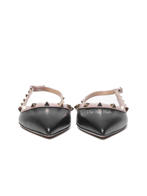 Valentino Garavani Black/Beige Leather Rockstud Ballerina Slingback Flats Size 37.5