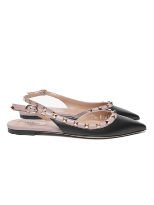 Valentino Garavani Black/Beige Leather Rockstud Ballerina Slingback Flats Size 37.5