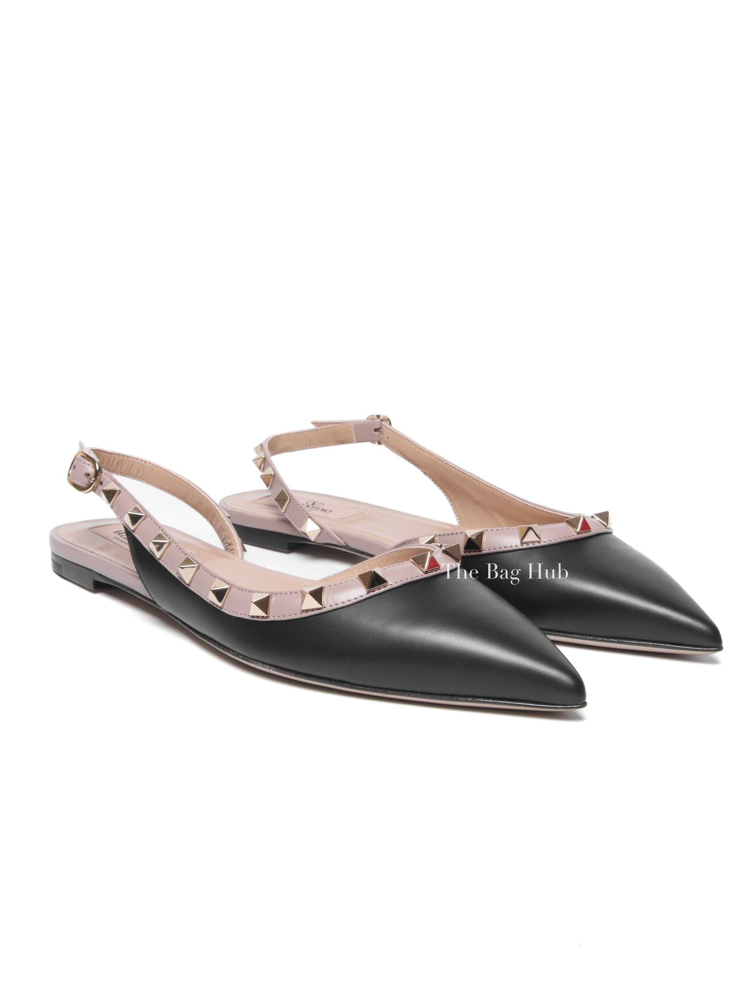Valentino Garavani Black/Beige Leather Rockstud Ballerina Slingback Flats Size 37.5