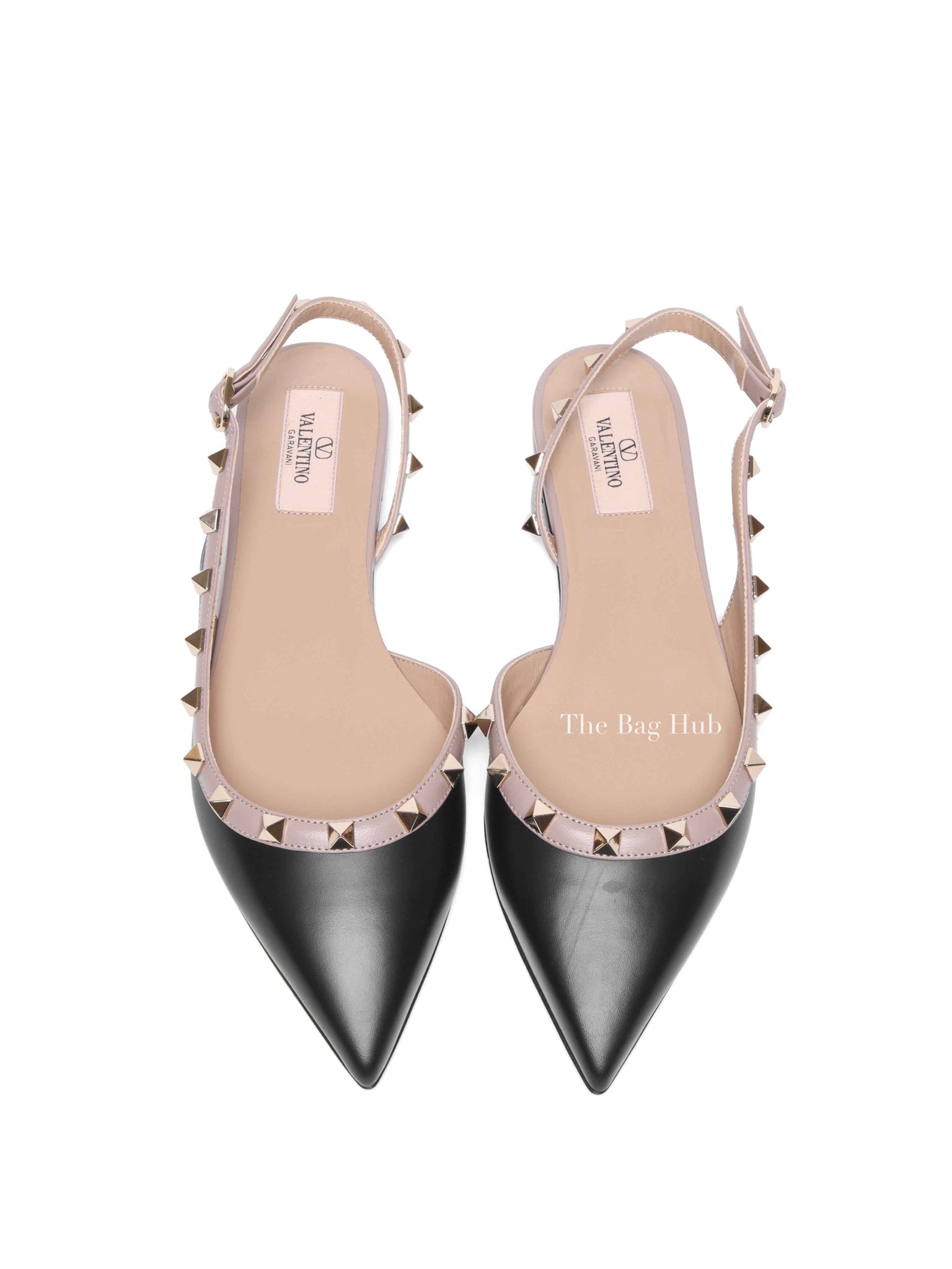 Valentino Garavani Black/Beige Leather Rockstud Ballerina Slingback Flats Size 37.5