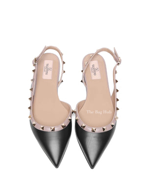 Valentino Garavani Black/Beige Leather Rockstud Ballerina Slingback Flats Size 37.5