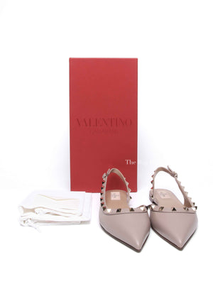 Valentino Garavani Beige Leather Rockstud Ballerina Slingback Flats Size 37.5