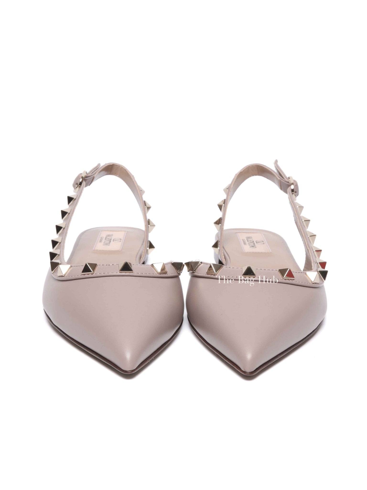 Valentino Garavani Beige Leather Rockstud Ballerina Slingback Flats Size 37.5