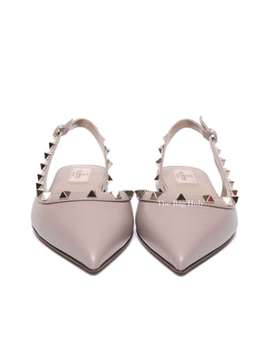Valentino Garavani Beige Leather Rockstud Ballerina Slingback Flats Size 37.5