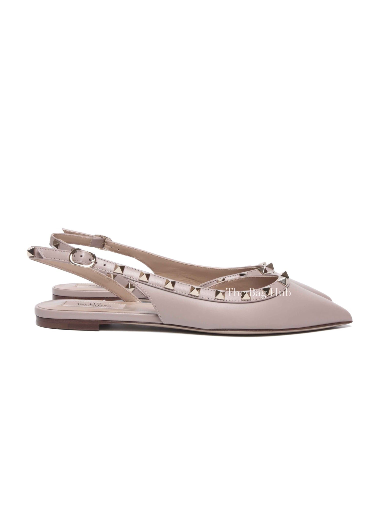Valentino Garavani Beige Leather Rockstud Ballerina Slingback Flats Size 37.5
