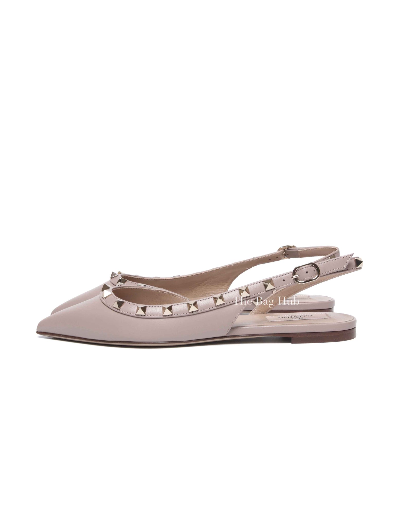 Valentino Garavani Beige Leather Rockstud Ballerina Slingback Flats Size 37.5