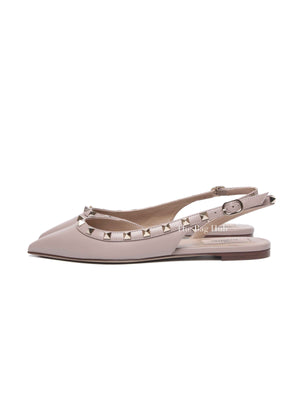 Valentino Garavani Beige Leather Rockstud Ballerina Slingback Flats Size 37.5
