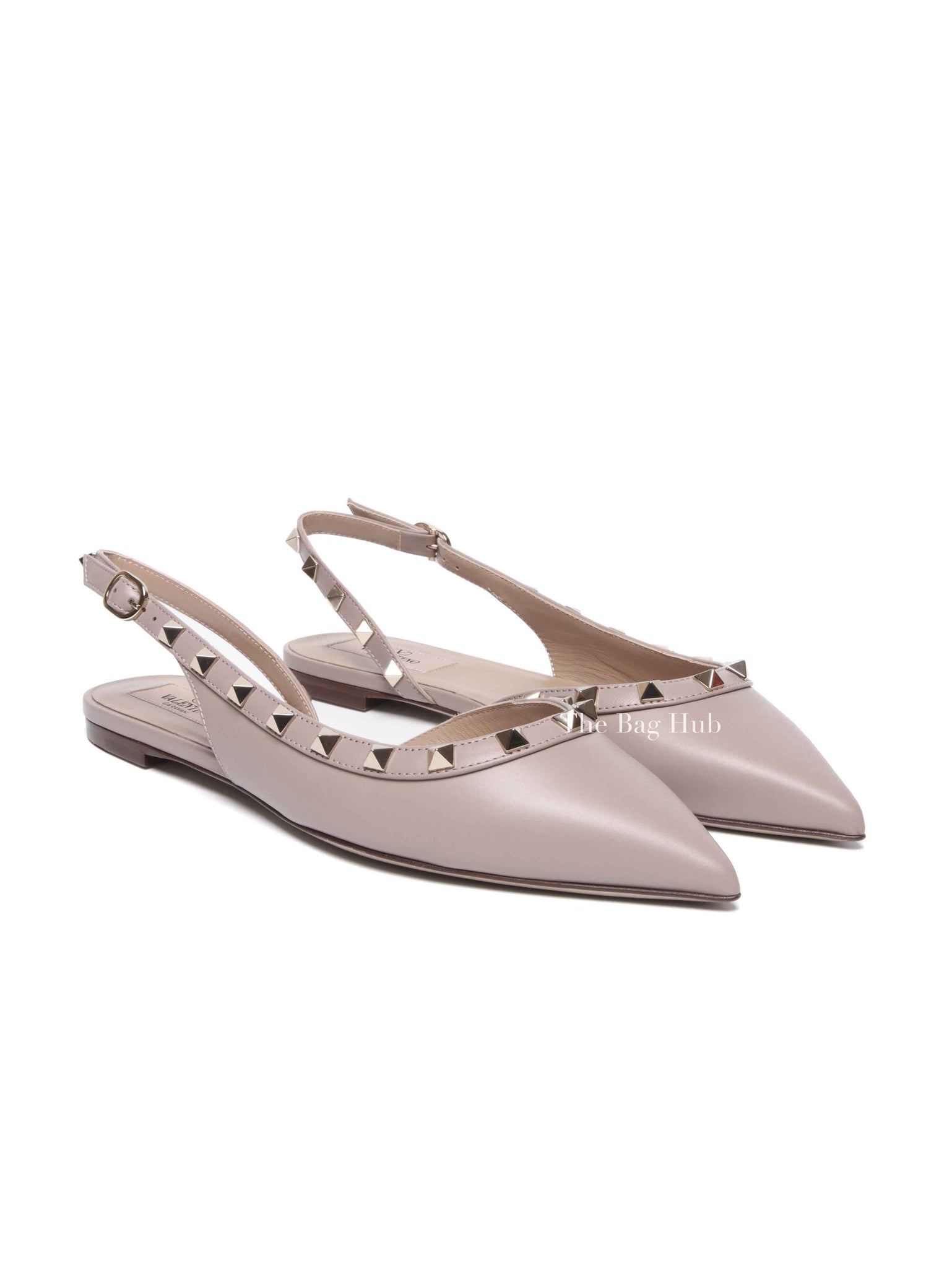 Valentino Garavani Beige Leather Rockstud Ballerina Slingback Flats Size 37.5