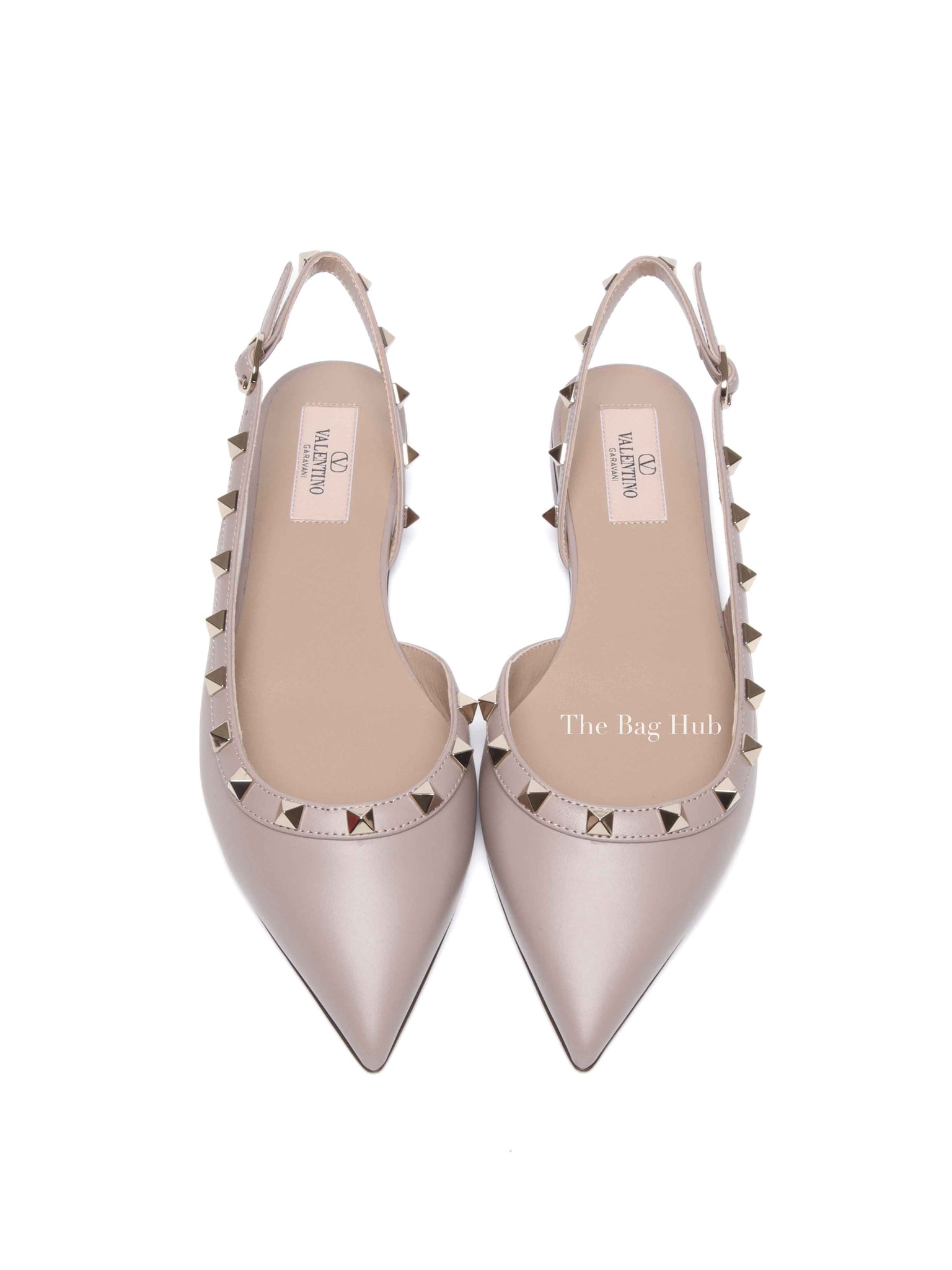 Valentino Garavani Beige Leather Rockstud Ballerina Slingback Flats Size 37.5