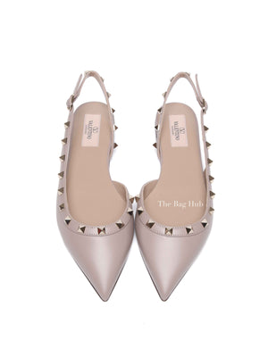 Valentino Garavani Beige Leather Rockstud Ballerina Slingback Flats Size 37.5
