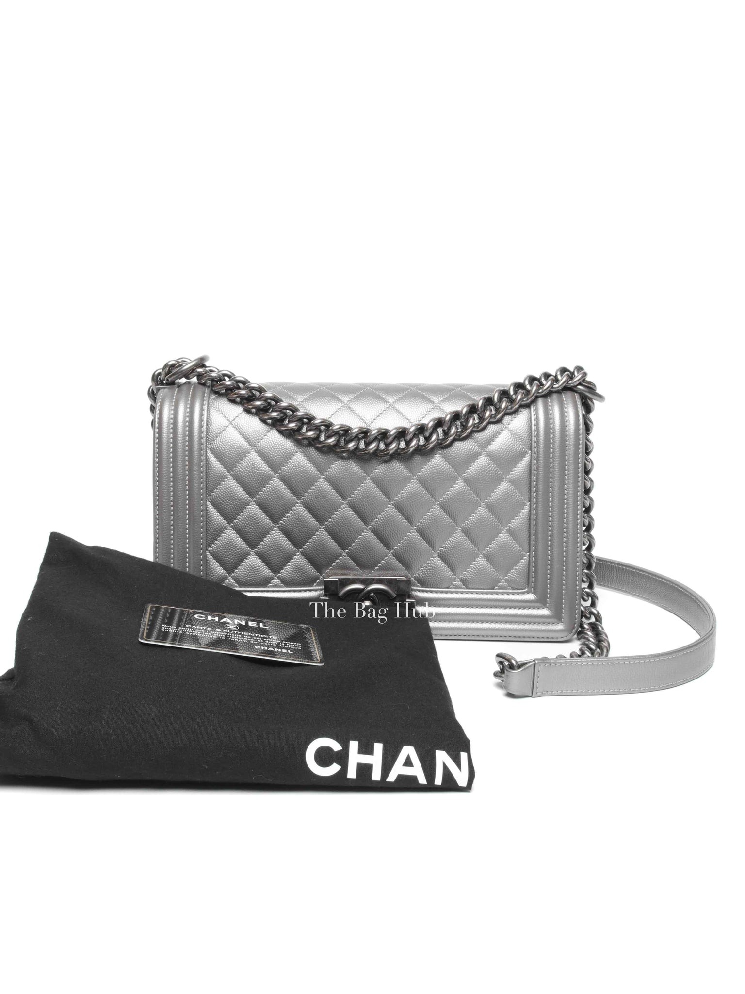 Chanel Silver Caviar Quilted Le Boy Medium Bag RHW