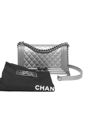 Chanel Silver Caviar Quilted Le Boy Medium Bag RHW