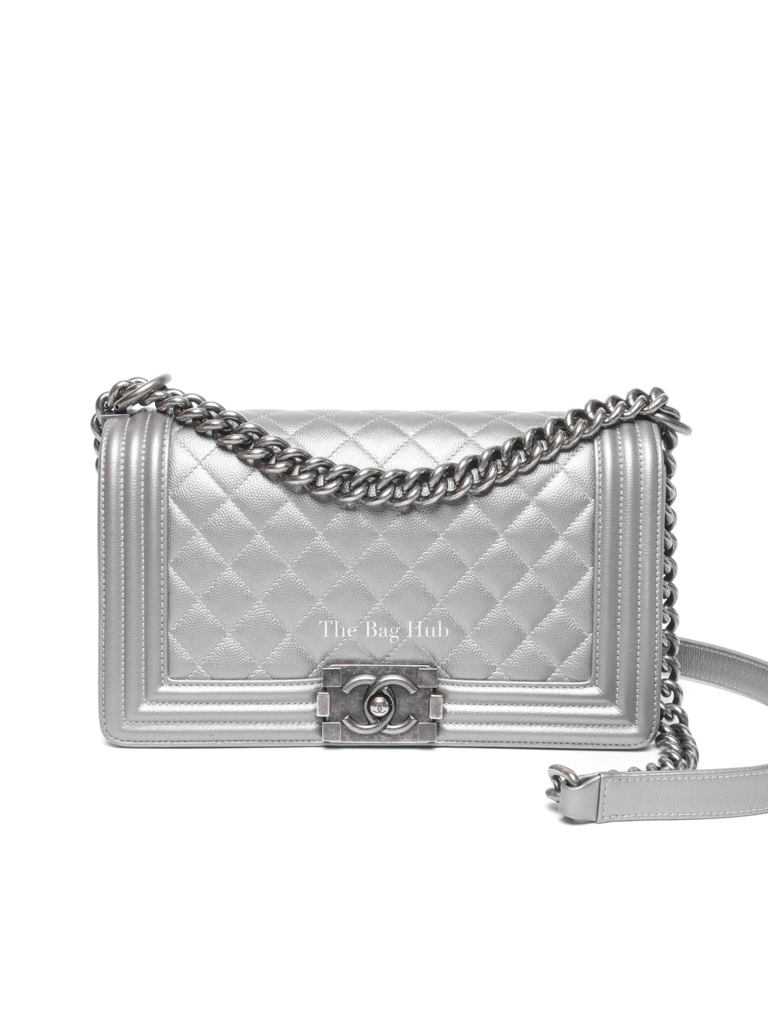 Chanel Silver Caviar Quilted Le Boy Medium Bag RHW