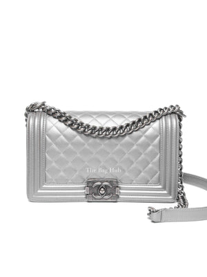 Chanel Silver Caviar Quilted Le Boy Medium Bag RHW