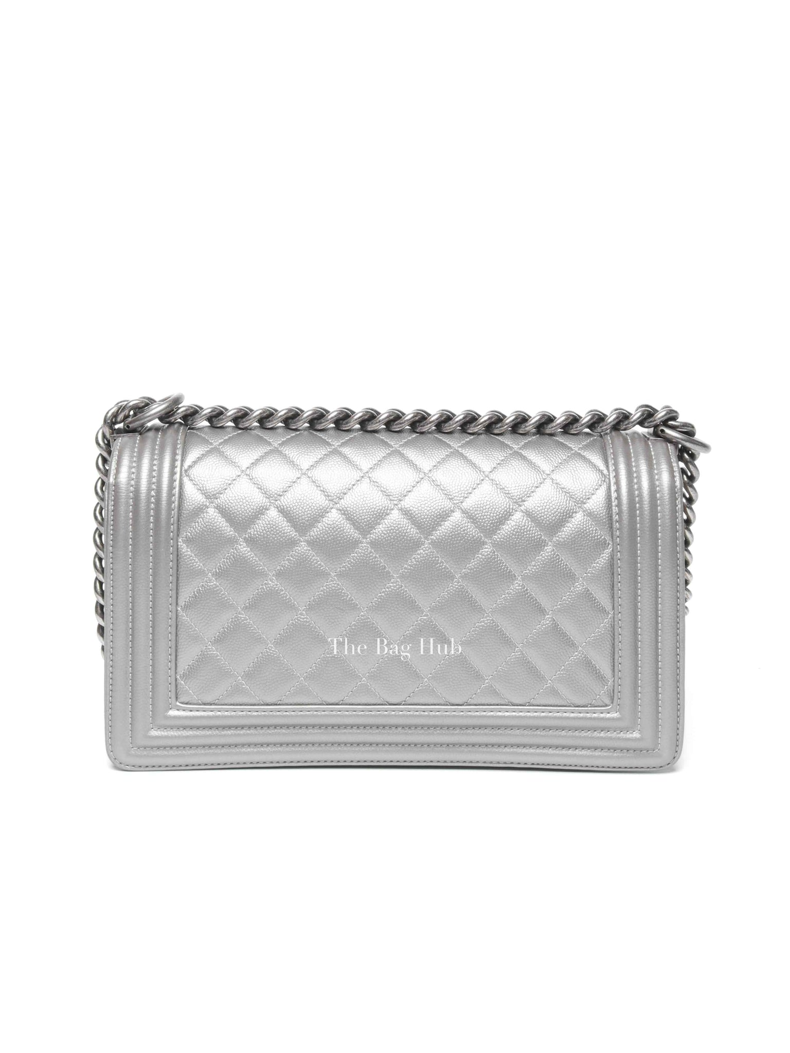 Chanel Silver Caviar Quilted Le Boy Medium Bag RHW