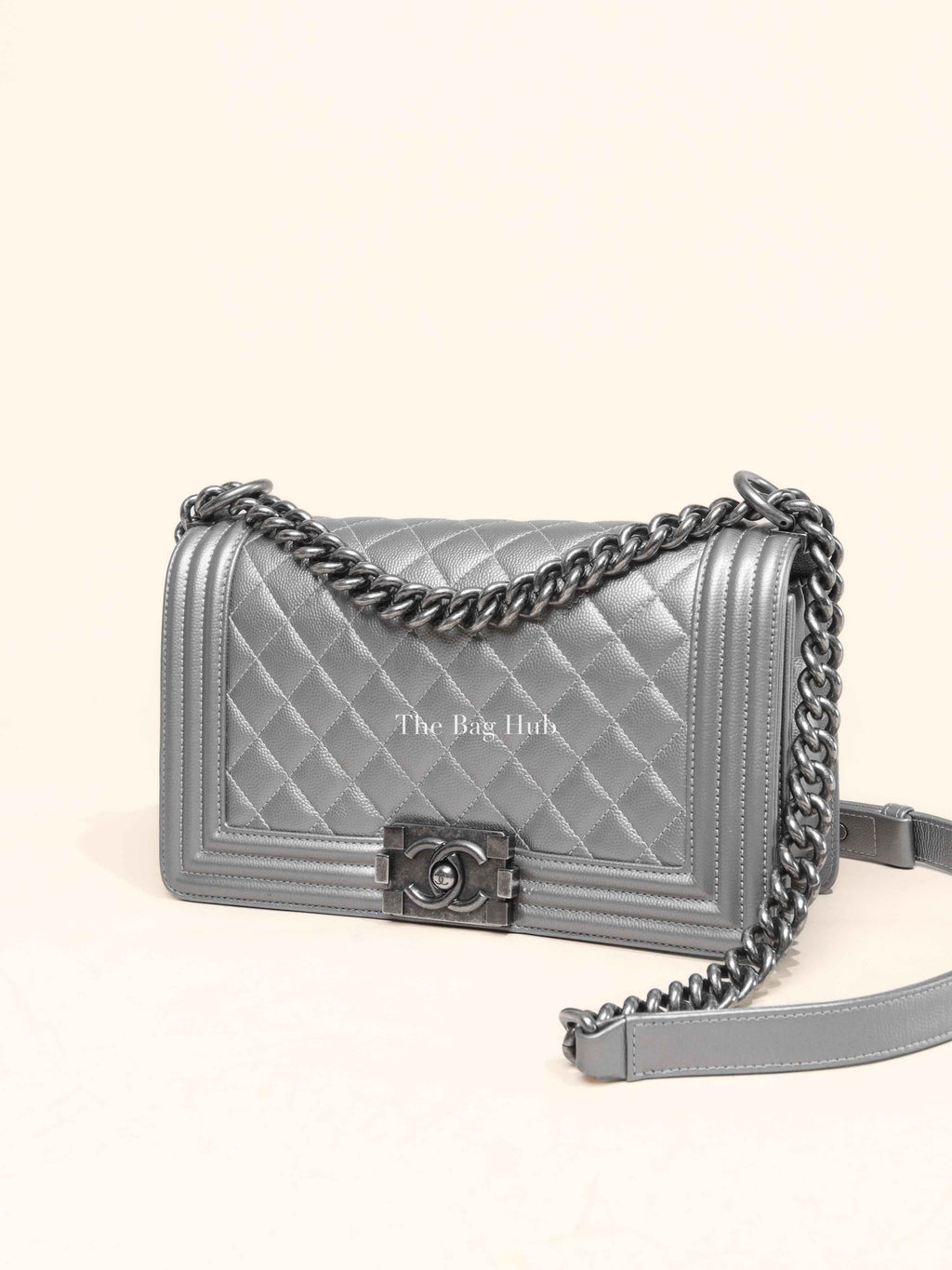 Chanel Silver Caviar Quilted Le Boy Medium Bag RHW
