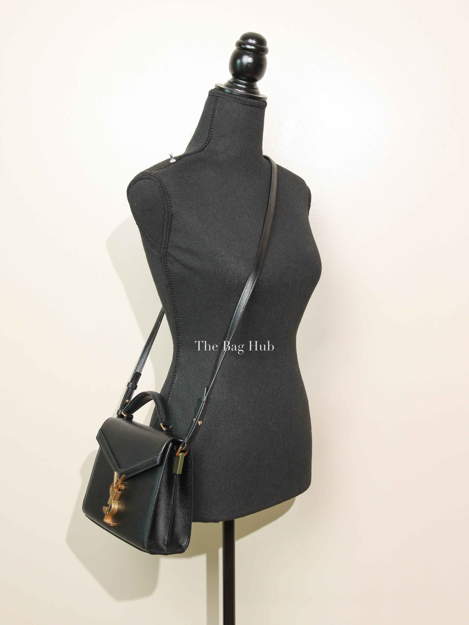 Saint Laurent Black Grain De Poudre Leather Mini Classic Monogram Cassandra Top Handle Bag