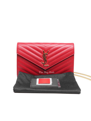Saint Laurent Red Grain De Poudre Matelasse Chevron Monogram Cassandre Chain Wallet GHW
