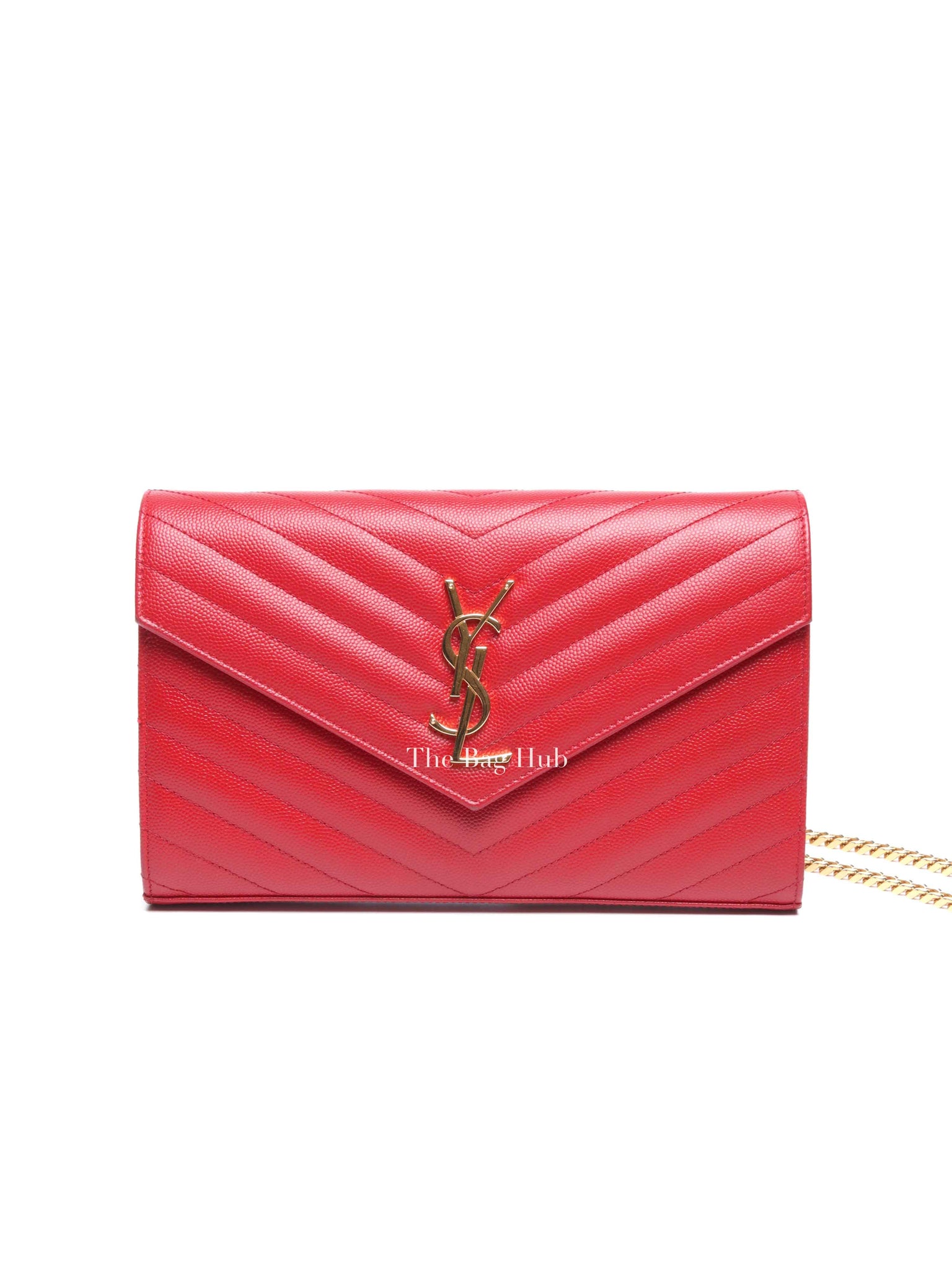 Saint Laurent Red Grain De Poudre Matelasse Chevron Monogram Cassandre Chain Wallet GHW
