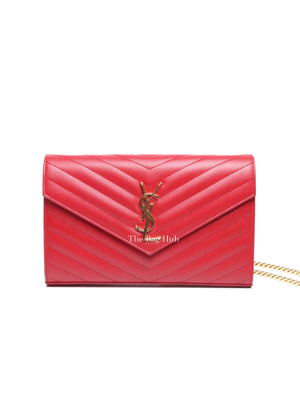 Saint Laurent Red Grain De Poudre Matelasse Chevron Monogram Cassandre Chain Wallet GHW