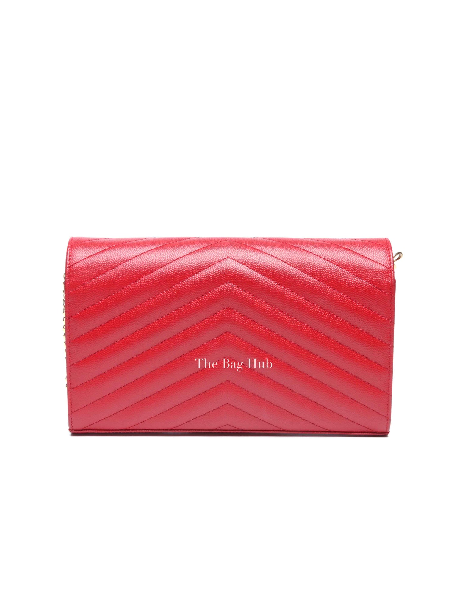 Saint Laurent Red Grain De Poudre Matelasse Chevron Monogram Cassandre Chain Wallet GHW