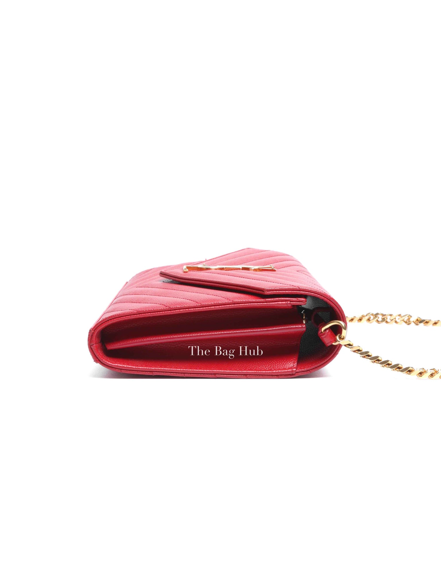 Saint Laurent Red Grain De Poudre Matelasse Chevron Monogram Cassandre Chain Wallet GHW