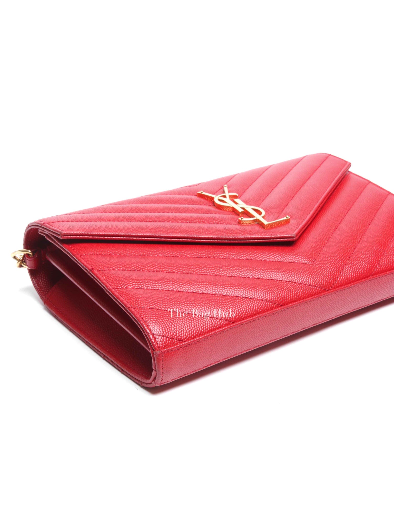 Saint Laurent Red Grain De Poudre Matelasse Chevron Monogram Cassandre Chain Wallet GHW