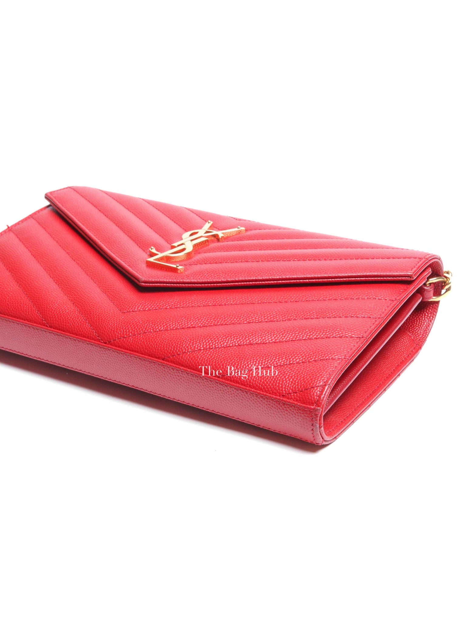 Saint Laurent Red Grain De Poudre Matelasse Chevron Monogram Cassandre Chain Wallet GHW