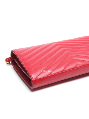 Saint Laurent Red Grain De Poudre Matelasse Chevron Monogram Cassandre Chain Wallet GHW