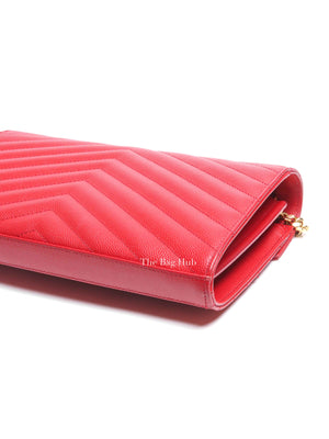 Saint Laurent Red Grain De Poudre Matelasse Chevron Monogram Cassandre Chain Wallet GHW