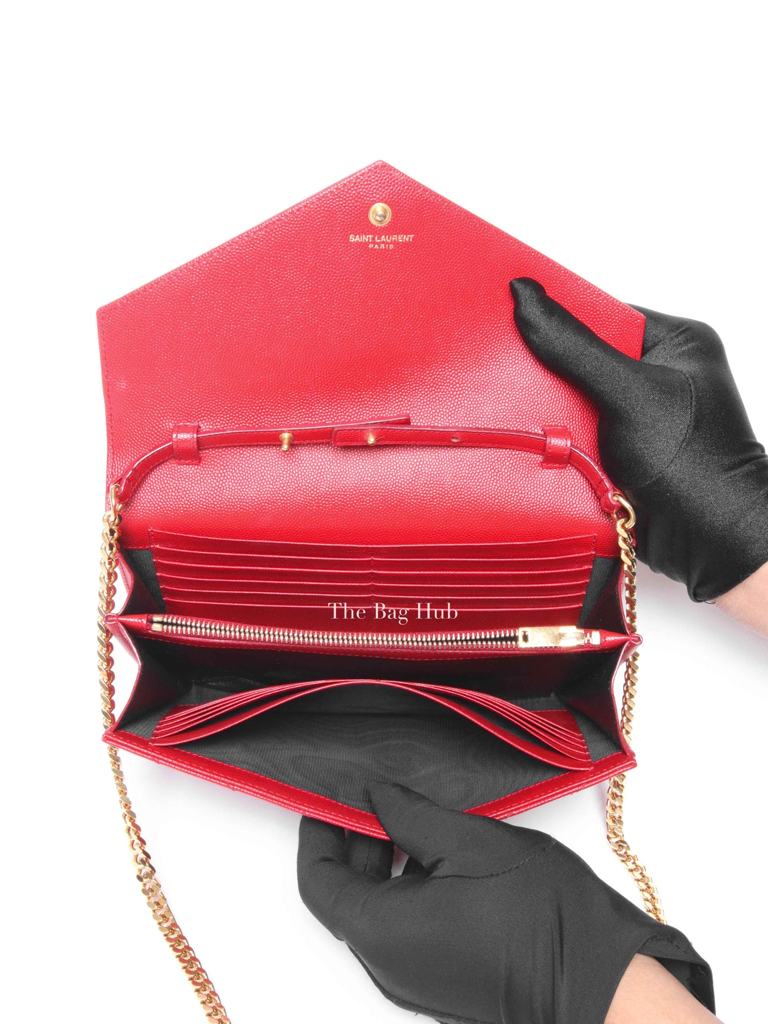 Saint Laurent Red Grain De Poudre Matelasse Chevron Monogram Cassandre Chain Wallet GHW