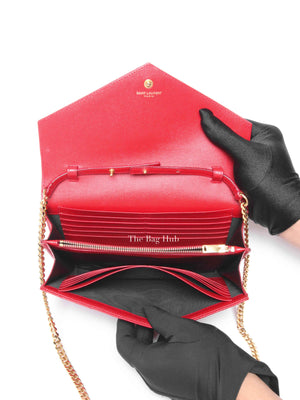 Saint Laurent Red Grain De Poudre Matelasse Chevron Monogram Cassandre Chain Wallet GHW