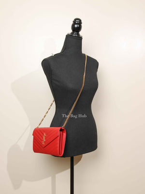 Saint Laurent Red Grain De Poudre Matelasse Chevron Monogram Cassandre Chain Wallet GHW
