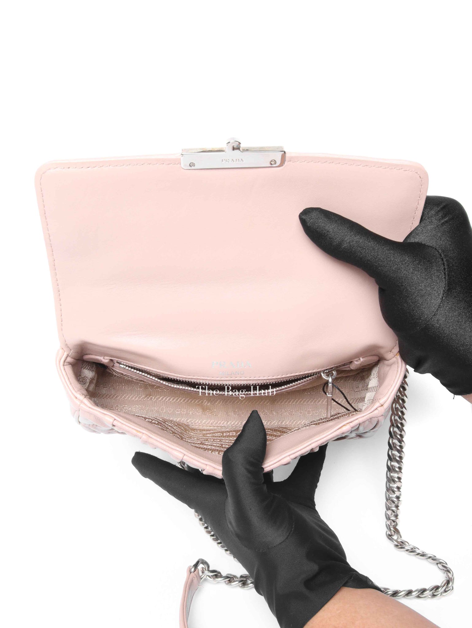 Prada Cipria Nappa Gaufre Sound Chain Flap Small Shoulder Bag