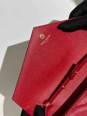 Saint Laurent Red Grain De Poudre Matelasse Chevron Monogram Cassandre Chain Wallet GHW
