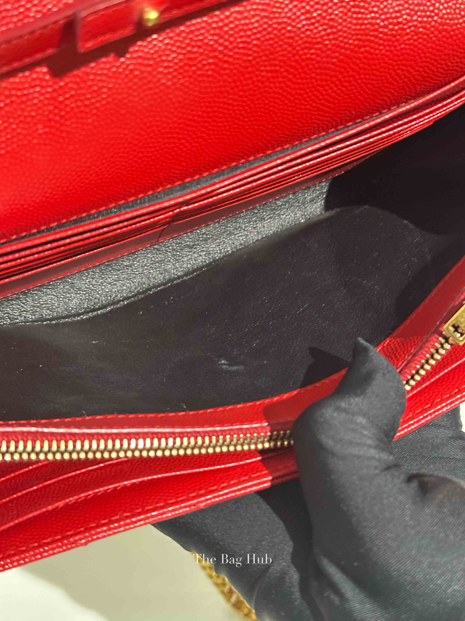 Saint Laurent Red Grain De Poudre Matelasse Chevron Monogram Cassandre Chain Wallet GHW