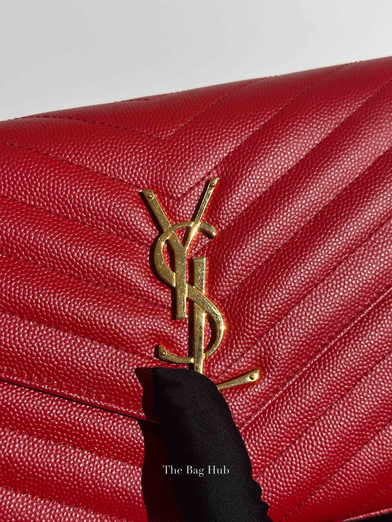 Saint Laurent Red Grain De Poudre Matelasse Chevron Monogram Cassandre Chain Wallet GHW